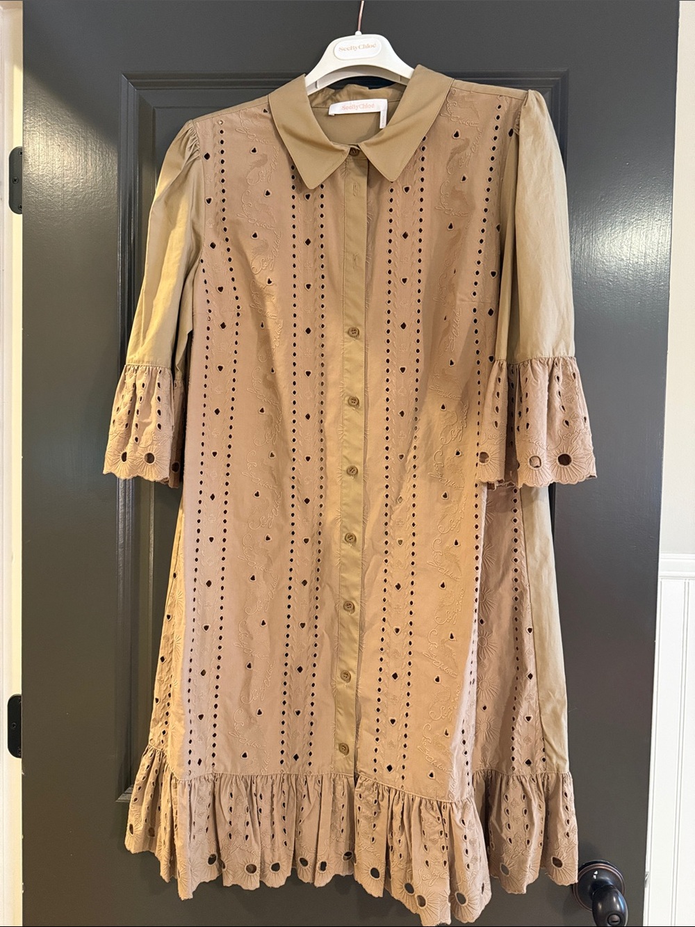 See By Chloe Beige Eyelet Midi Shirtdress with Ruffle Hem